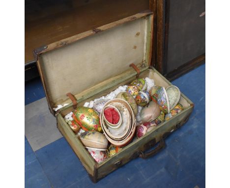 A Vintage Camera Covered Suitcase Containing Decorated Easter Egg Boxes 