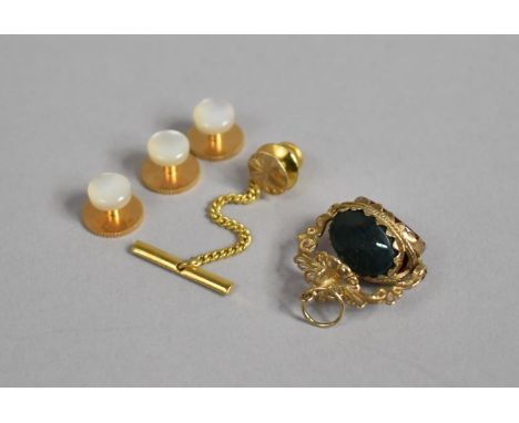 A Victorian Yellow Metal Mounted Fob with Onyx, Carnelian and Bloodstone Mount, 9ct Gold Tie Pin and Three Yellow Metal and M