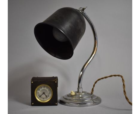 A Vintage Desk Lamp (Bakelite Shade AF) Together with a Vintage Cased Travel Clock 