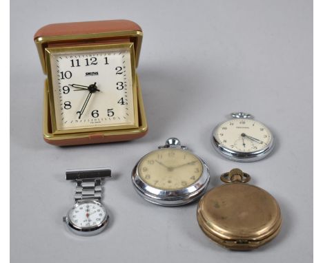 A Collection of Vintage Pocket Watches, Ingersoll Brooch Watch, Hunter Pocket Watch and Travel Alarm Clock 