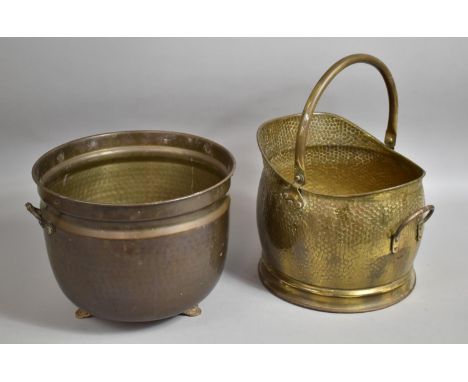A Brass Helmet Shaped Coal Scuttle and a Two Handled Planter 