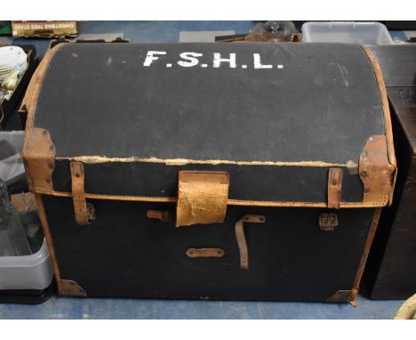 A Vintage Dome Topped Canvas and Leather Travelling Trunk, Monogrammed F.S.H.L, 84cm Wide 