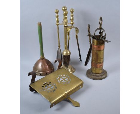 A Collection of Vintage Brass and Copper Items to Include Range Kettle Stand, Fire Companion Sets etc 