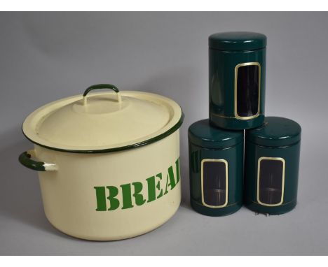 A Large Two Handled Green and Cream Enamel Bread Pot Together with Three Modern Storage Jars 