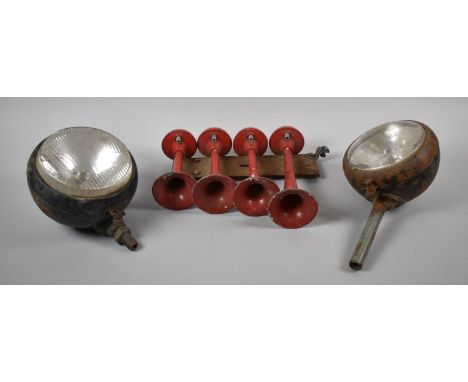 A Pair of Vintage Czeslovakian Car Spotlights and a Four Trumpet Air Horn 