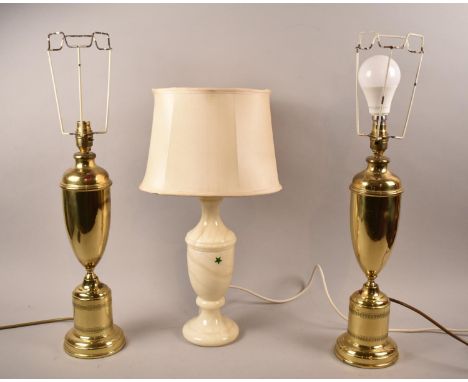 A Pair of Brass Vase Shaped Table Lamps, 58cm high, no Shades Together with a Modern Alabaster Effect Table Lamp 