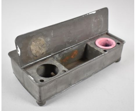 A Continental Pewter Ink and Pen Box with Twin Hinged Lids to Fitted Interior with One Inkwell, Bun Feet, 20.5cm Wide 