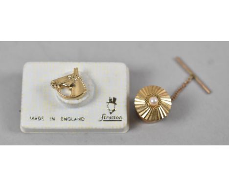 A 9ct Gold and Cultured Pearl Tie Pin Together with a Small Gold Plated Horses Head Tie Pin 