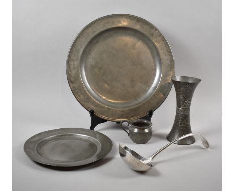 A Pewter Charger, Pewter Plate, Silver Plated Ladle, Pewter Measure and Vase 