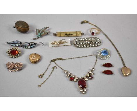 A Collection of Vintage Costume Jewellery Brooches, Novelty Ovoid Box, Gilt Heart Shaped Locket etc 