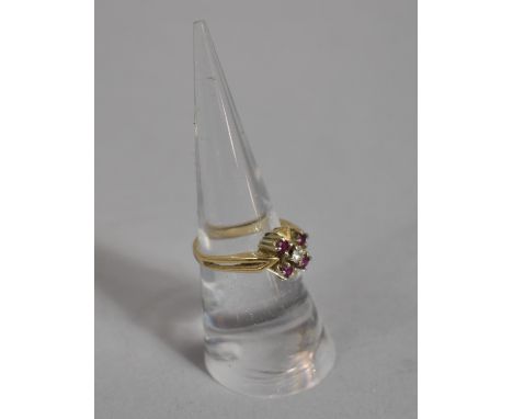 A Reshanked and Unmarked Yellow Metal Ring but Likely 18ct Set with Diamond and Ruby Cluster, 4.6g 