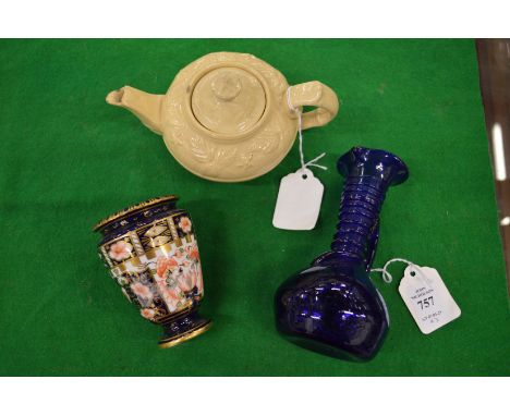A small glass ewer, imari vase and miniature teapot.