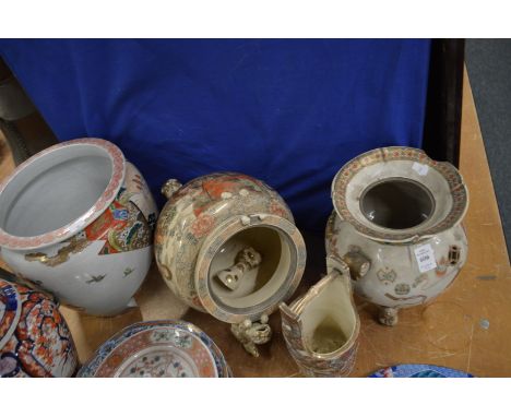 Two Japanese satsuma koros, a jardiniere and another item (af).