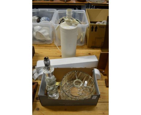 Bag chandelier, cut glass table lamp, a wall light and a pottery table lamp.