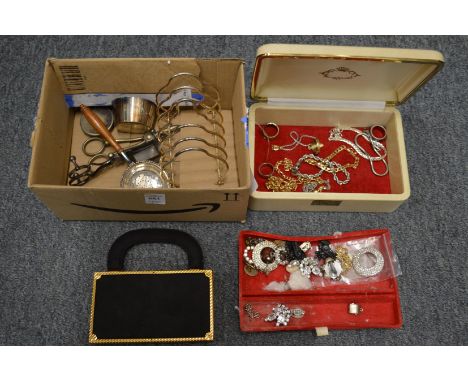Plated items, bijouterie and a decorative compact.