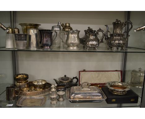 A quantity of plated items to include four piece tea and coffee service, cocktail shakers, entree dishes etc.