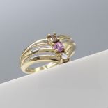 Pink Sapphire & Champagne Diamond Yellow Gold Triple Wishbone Ring