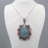 Large & Exciting Carved Aquamarine, Tourmaline & Diamond Necklace