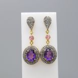 Stylish Pair Of Amethyst, Tourmaline & Diamond Articulated Drop Earrings