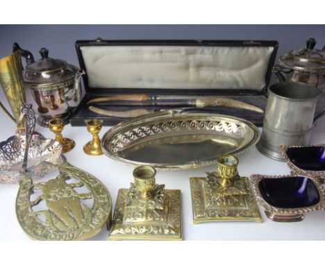 An Edwardian three piece carving set, with bone handles and silver collars, cased, a copper and brass coal bucket, a copper p