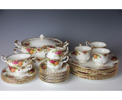 A Royal Albert Old Country Roses part dinner service, comprising two entree dishes - one with cover, eight dinner plates, six