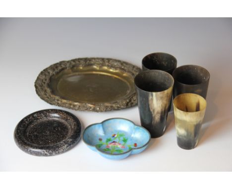 A Persian white metal tray, a Chinese enamel lobed dish, four 19th century horn beakers and a marble circular tray (7)