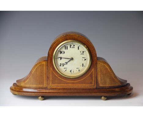 An Edwardian inlaid mahogany eight day mantel time piece, 33cm