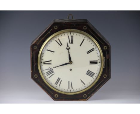 An early 19th century mahogany wall clock, with enamel dial with Roman numerals and single fusee movement, in a hexagonal cas