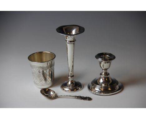 A sterling silver specimen vase, stamped Birks, 16.5cm, a silver dwarf candlestick, a German 800 standard silver spoon, a nap