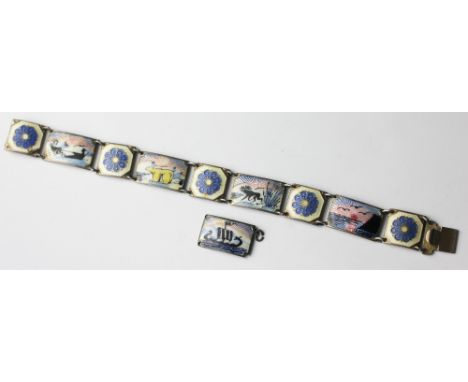 A David Anderson Norway, enamel and silver bracelet designed as enamelled links depicting a polar bear, moose, a ship, flower