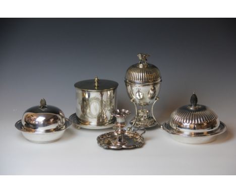 A 19th century Elkington and Co silver plated muffin dish, cover and liner, with ebonised pineapple finial, a smaller muffin 