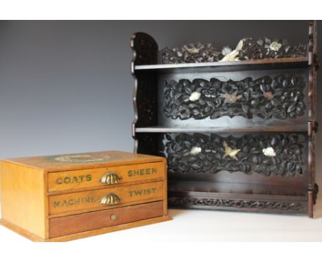 A J & P Coates vintage cotton reel box (replaced bottom drawer) and a Japanese carved wood three tier hanging shelf (as found