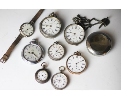 A collection of eight pocket watches and wrist watches, to include a silver pocket watch, Birmingham 1913, the enamel dial si