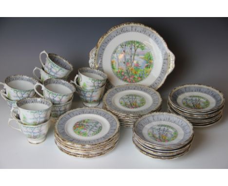 A Royal Albert Silver Birch pattern part tea service, comprising sixteen plates, sixteen saucers, eleven cups and two cake pl