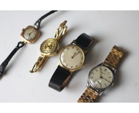 A lady's 9ct gold wrist watch, square case with Arabic dial, a 9ct gold watch with plated strap, a Gentlemans Ingersoll watch
