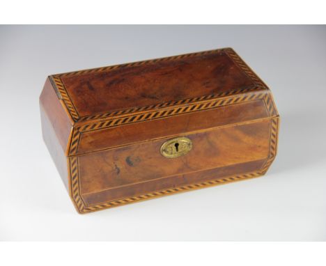 An early 19th century inlaid mahogany tea caddy, with brass escutcheon, (as found), 29.9cm