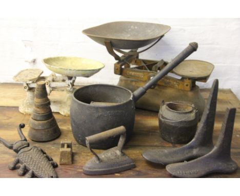 A set of W & T Avery cast iron kitchen scales, a smaller set of scales, a Holdcroft cast iron three pint saucepan, two shoe l