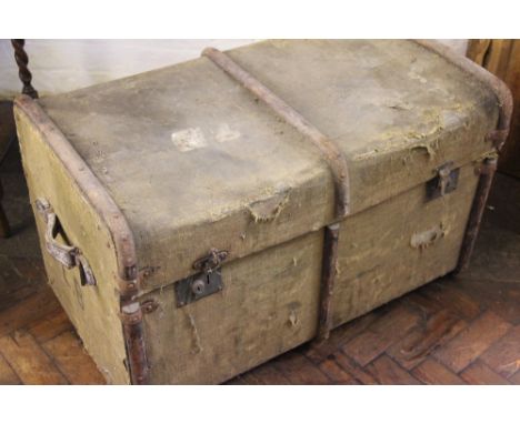 A Vintage bentwood and canvas trunk, 86cm, a metal trunk, three Essolube bottles with two medicine bottles, a shoe last, iron