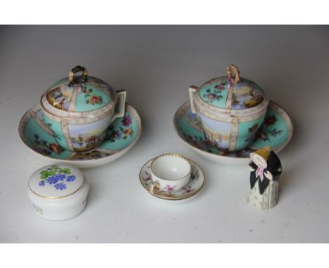 A Meissen porcelain bowl and cover, painted with flowers, a miniature Volkstedt cup and saucer, another saucer, a Royal Worce