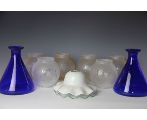 A set of six frosted glass light shades, 14cm, with two glass shades and a pair of blue glass conical vases (10)