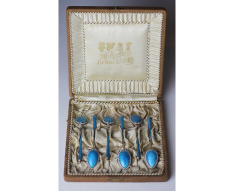 A set of six Marius Hammer Norwegian 930 standard silver and enamel spoons, in fitted M. Hammer case