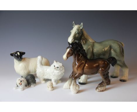 A Beswick model of a cat, a Beswick horse, four other animal models, a brass and moulded glass three branch ceiling light and