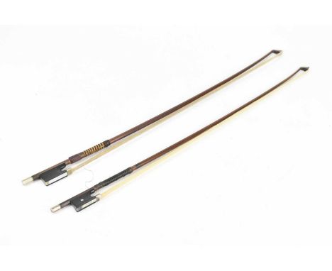 H FLEURY; a silver mounted violin bow, stamped to the shaft, length 73cm, also a nickel mounted viola bow (2).Condition Repor