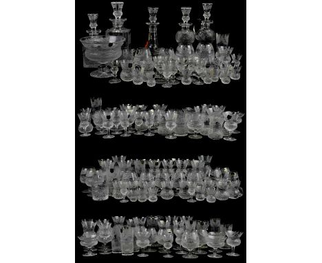 EDINBURGH CRYSTAL; an exquisite extensive suite of glassware, decorated in the 'Thistle' pattern, including a large decanter 