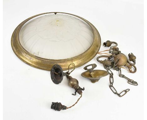 An Art Deco frosted and moulded glass plafonnier, with brass ring, diameter 40cm.Condition Report: The item or items in this 