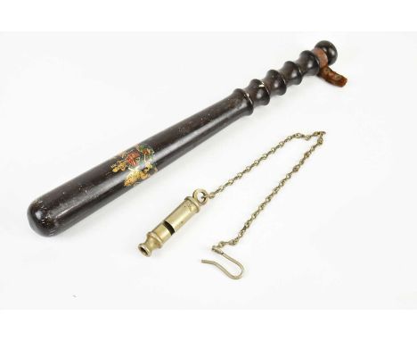 A 20th century policeman's truncheon, decorated with coat of arms, and a 'The Metropolitan' Patent whistle (2).