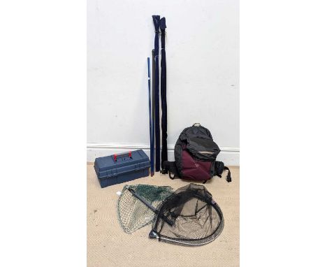 A quantity of fly fishing equipment, including two cased carbon fibre rods, two landing nets, a fishing box containing reels 
