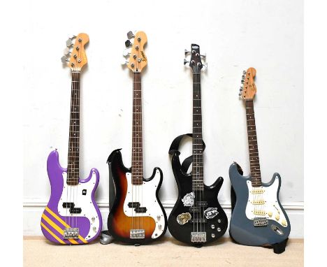 A collection of three bass guitars comprising Encore, Ibanez and a further example, also an Encore electric guitar (4).Condit