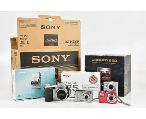 A collection of digital cameras, to include a Sony DSR-PDX10P, with accessories and tapes, a Fujifilm A400, a Minolta Dimage 