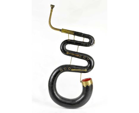 A rare 19th century brass mounted serpent musical instrument, overall length including mouthpiece 91cm approx.Provenance: The